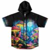 Front view of glowing mushroom forest hooded baseball jersey with Stay Weird text on chest