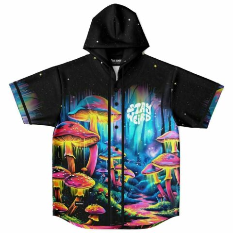 Front view of glowing mushroom forest hooded baseball jersey with Stay Weird text on chest