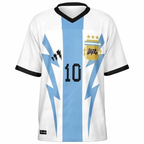 White football jersey with blue lightning design and black accents