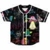 Front view of black doodle baseball jersey with LSDREAM graphic and meditating alien mushroom design