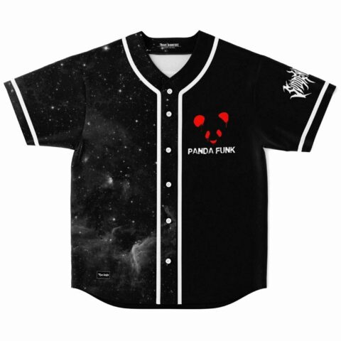 Bloody panda face print on black jersey with galaxy panel and white pinstripe trim