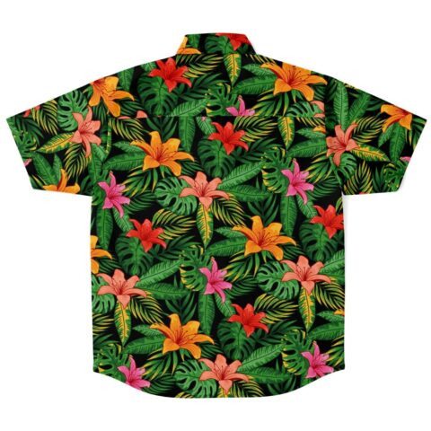 Back view of tropical flower button-up shirt with colorful pattern