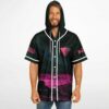 Model wearing dark teal minimalist night rave hooded jersey with pink diamond chest icon