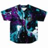 Teal swirled marble rave baseball jersey with ghoulish cartoon face front view