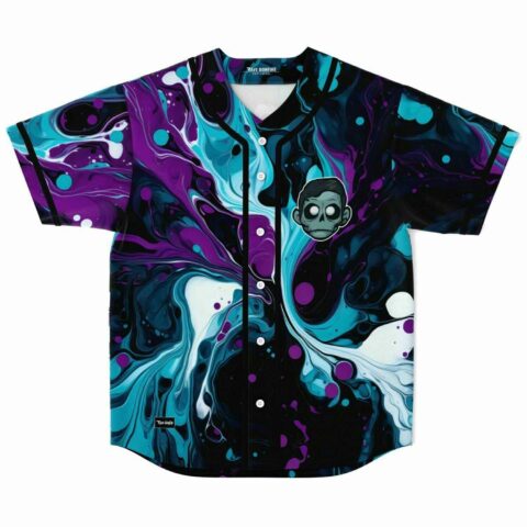 Teal swirled marble rave baseball jersey with ghoulish cartoon face front view