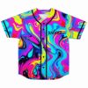 Front view of neon acid trip marbled swirl baseball jersey with Knock2 text and black