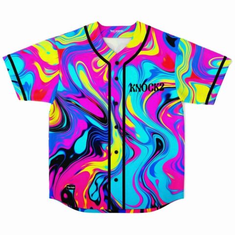 Front view of neon acid trip marbled swirl baseball jersey with Knock2 text and black