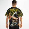 Man modeling hooded fire warrior graphic on black flames baseball jersey, back view