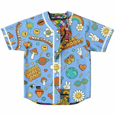Flower Power baseball jersey with Good Vibes Only and Stay Groovy text on light blue