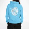 Back view of model wearing sky blue Flower Power hoodie with daisy accents