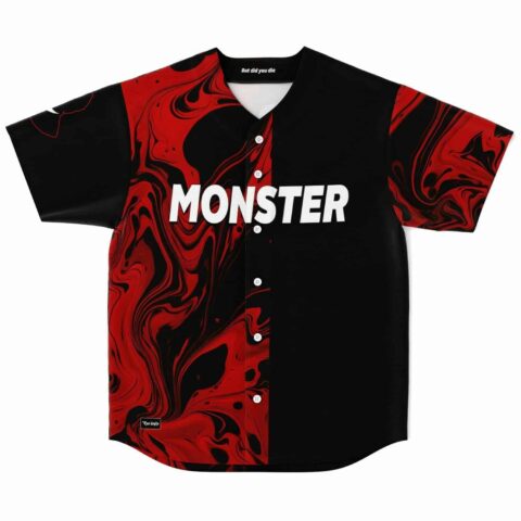Black red liquid rave baseball jersey with MONSTER text front view