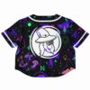 Back view of the rave cropped baseball jersey with wizard-inspired graphic and mystical patterns