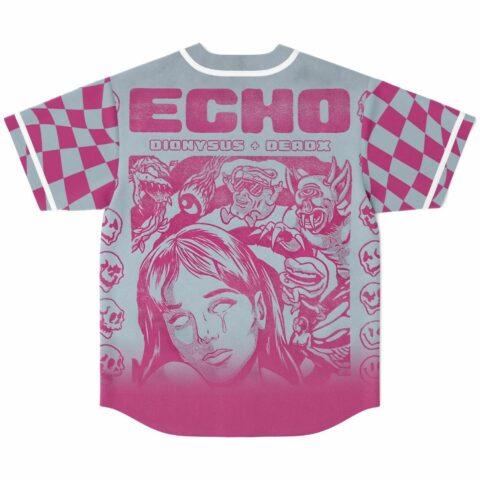 Back view of jersey featuring Echo graphic with crying woman and cartoon monster illustrations