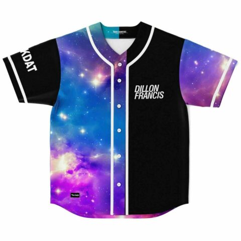 Half black half galaxy nebula print baseball jersey front with Dillon Francis text