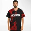 Model wearing black red liquid rave baseball jersey with MONSTER front graphic