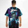 Back view of teal marble rave jersey with bold text and zombie face print