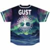 Back view of aurora borealis jersey with GUST text above Tree of Life rune design