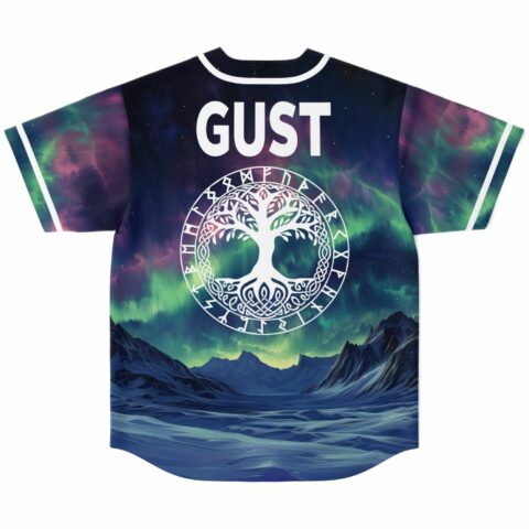 Back view of aurora borealis jersey with GUST text above Tree of Life rune design