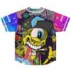back view showing bass-inspired cartoon eye character graphic with mushrooms and joint