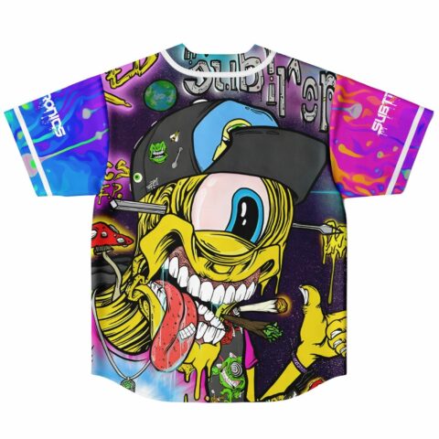 back view showing bass-inspired cartoon eye character graphic with mushrooms and joint