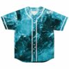 Teal turquoise abstract liquid print rave baseball jersey with white trim laid flat front view