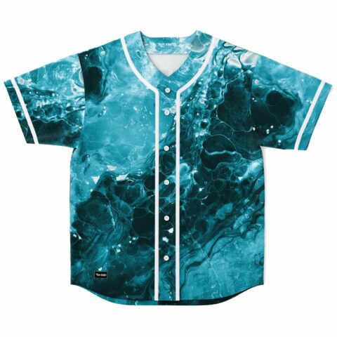 Teal turquoise abstract liquid print rave baseball jersey with white trim laid flat front view