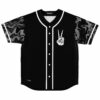 Black skeleton hand peace sign jersey with smoke swirl sleeves, front flat lay