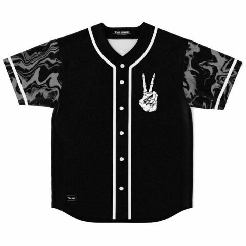 Black skeleton hand peace sign jersey with smoke swirl sleeves, front flat lay