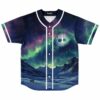 Front view of aurora borealis rave jersey with Tree of Life rune emblem over mountains