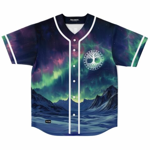 Front view of aurora borealis rave jersey with Tree of Life rune emblem over mountains