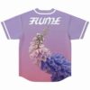 Back view of lavender jersey showing 3D foxglove flower print cascading below Flume text