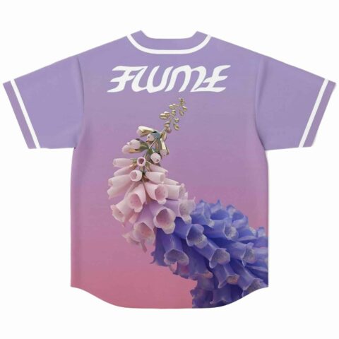 Back view of lavender jersey showing 3D foxglove flower print cascading below Flume text