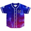 Cosmic galaxy rave baseball jersey with grinning cat face and We're All Mad Here text