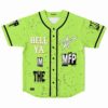 Neon lime rave baseball jersey with black paint splatter, Hell Ya Im The MFP text