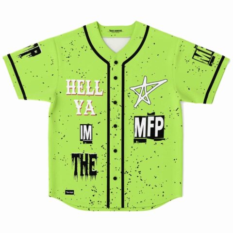 Neon lime rave baseball jersey with black paint splatter, Hell Ya Im The MFP text