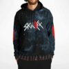 Model wearing galaxy print bass-inspired hoodie with striped fringe hem detail close up