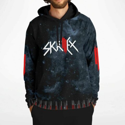 Model wearing galaxy print bass-inspired hoodie with striped fringe hem detail close up