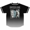 Back view of black jersey with Knocked Loose text and three-panel split face graphic