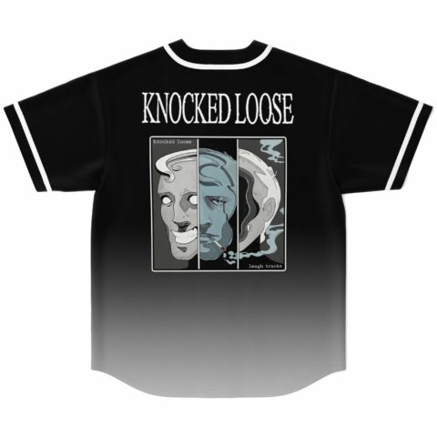 Back view of black jersey with Knocked Loose text and three-panel split face graphic