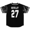 Back view of jersey printed with Está Lit and number 27 in bold white text