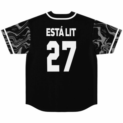 Back view of jersey printed with Está Lit and number 27 in bold white text