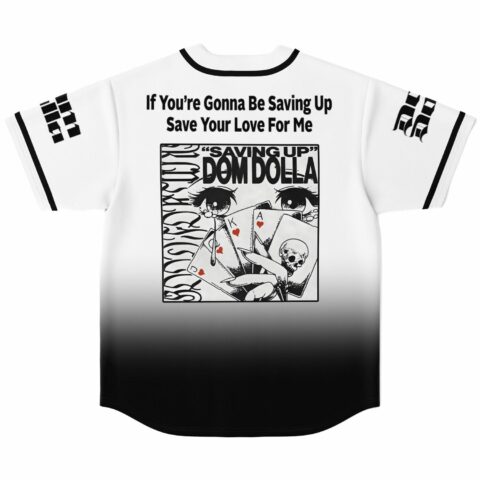 Back view of ombre jersey with anime-style eyes and playing cards graphic reading Saving Up