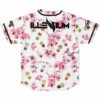 Sakura floral jersey back with bass-inspired wing logo above boba cup pattern