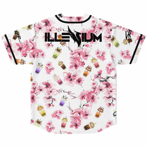 Sakura floral jersey back with bass-inspired wing logo above boba cup pattern