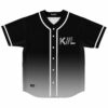 Black baseball jersey with chrome KIIL text and fade-to-gray gradient, front view