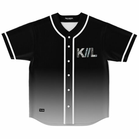 Black baseball jersey with chrome KIIL text and fade-to-gray gradient, front view