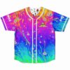 front view of acid melt tie-dye baseball jersey with pink orange and blue swirl design