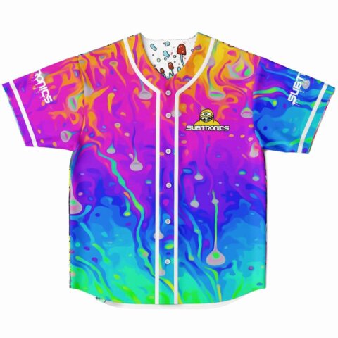 front view of acid melt tie-dye baseball jersey with pink orange and blue swirl design