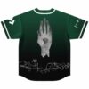 Green ombre baseball jersey back with stone hand holding cube design above scribbled signature print