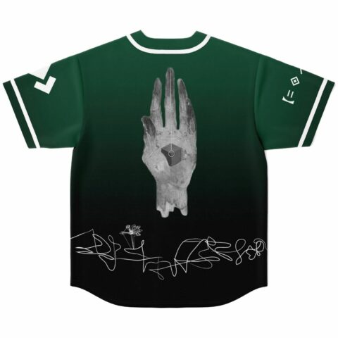 Green ombre baseball jersey back with stone hand holding cube design above scribbled signature print